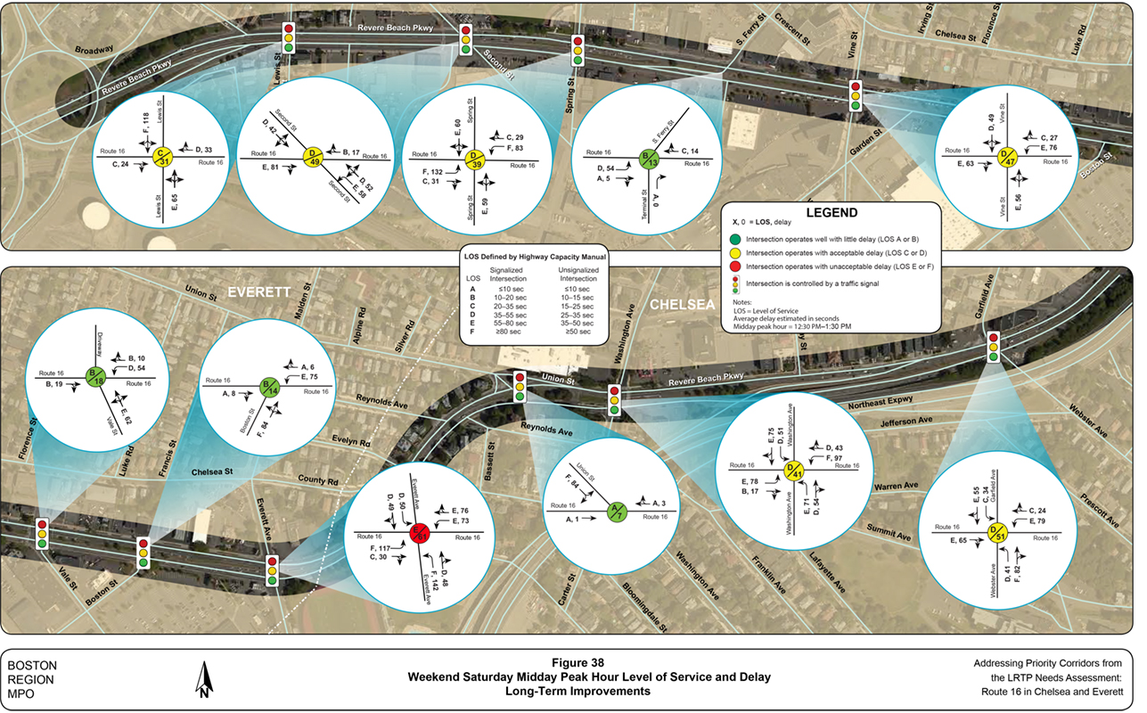 Figure 38
Weekend Saturday Midday Peak-Hour Level of Service and Delay
Figure 38 is a map of the study area with diagrams showing level of service and delay by intersections resulting from long-term improvements during the weekend Saturday midday peak hour.
